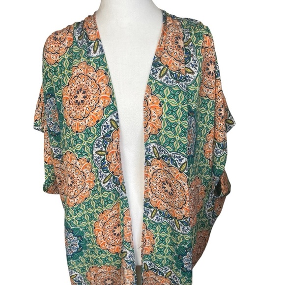 Umgee Orange Green Kimono Wrap Floral Geometric Open Oversized Boho Gypsy Small - Picture 2 of 8